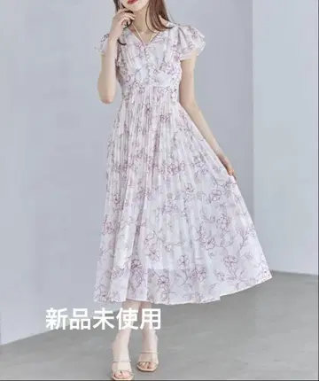 토코 클로젯 펄 장식 넥 리본 수채화 라인 플라워 플리츠 원피스