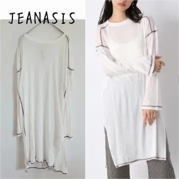 지나시스] 컬러 스티치 시어 롱 티셔츠 부드러운 원단 면 100% 화이트