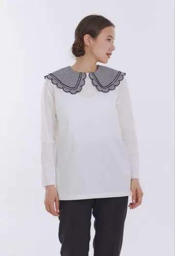 yori 깅엄 스캘럽 칼라 롱 T-셔츠