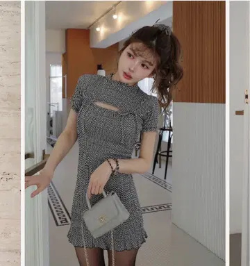 Darich 리본 셔링 깅엄 미니 원피스