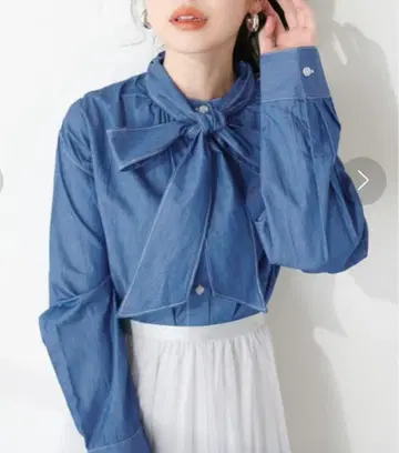내추럴 꾸뛰르 데님 셔츠 보타이 블라우스