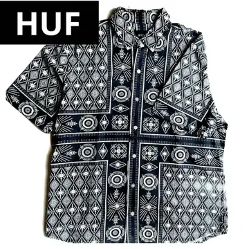 HUF 기하학 패턴 반팔 셔츠 L 반다나 셔츠 네이비