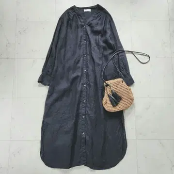 새상품급 카구레 라미 100% 린넨 셔츠 원피스 긴팔 겉옷 넉넉한 블랙