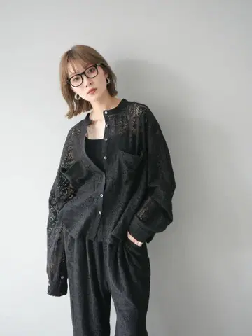 루미에 인도산 코튼 레이스 루즈 셔츠 블랙