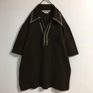 70년대 구제 의류 다크 톤 오픈 카라 풀오버 셔츠 남성용 L 레트로