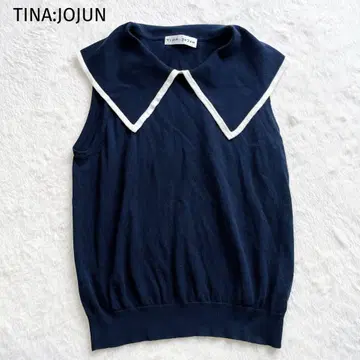 TINA:JOJUN 빅 칼라 니트 코튼 네이비 슬리브리스