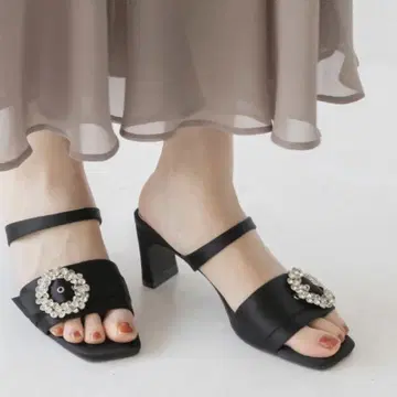 RANDA 샌들 블랙 23.5cm 비쥬 장식 뮬 와이드 힐 3E