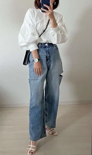 리디 사이드 슬릿 와이드 스트레이트 코튼 데님 팬츠 블루