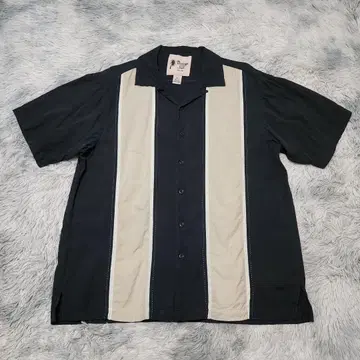 Vintage Silk 블랙 블랙 베이지 라인 반팔 셔츠 알로하 셔츠