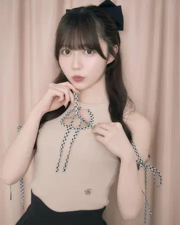 미셸 마카롱 깅엄 체크 리본 니트 탑 핑크