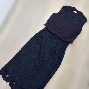 UNITED ARROWS 네이비 스커트 셋업 레이스 롱
