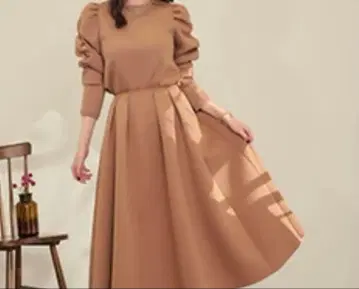 lieulien 브라운 플레어 스커트 퍼프 슬리브 셋업