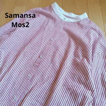 SM2 긴팔 코튼 린넨 셔츠 원피스 스트라이프 스탠드 카라 빨간색