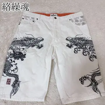 카라쿠리타마시 쇼류 자수 일본풍 패턴 데님 하프 팬츠
