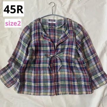 45R 린넨 프론트 오픈 셔츠 블라우스 체크 멀티 컬러 사이즈 2