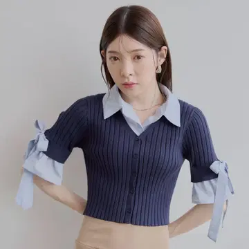 Chico 카라 부착 레이어드 소매 리본 가디건