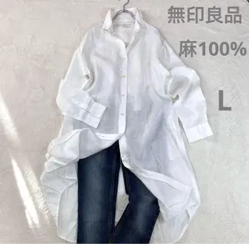 무인양품 MUJI 프렌치 린넨 워싱 셔츠 원피스 긴팔 화이트 L