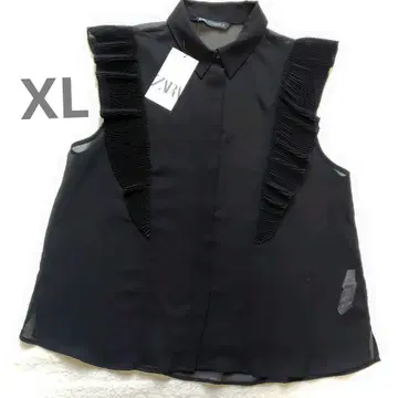 택 포함 새상품 ZARA 프릴 시어 셔츠 XL 블랙 플리츠
