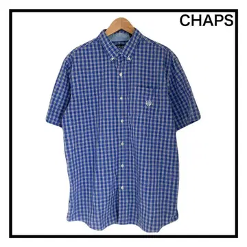 CHAPS 다운 버튼 체크 셔츠 반팔 남성용 코튼 블루 L