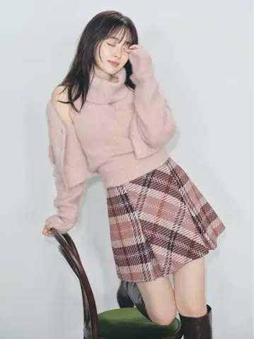 snidel 로빙 체크 미니 스커트 핑크