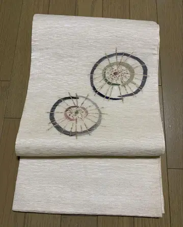 젠마이 실크 크림색 원형 무늬 후쿠로 오비