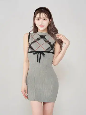 Darich 체크 자카드 니트 미니 원피스