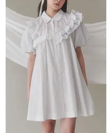 메리 제니 스트라이프 프릴 프릴 원피스 블루