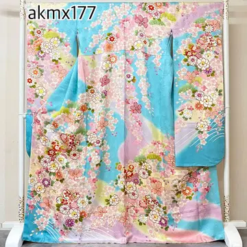 akmx177 순수 실크 후리소데 스카이블루 펄 톤 가공 11호 꽃무늬