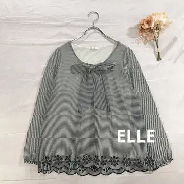 ELLE 엘르 긴팔 보더 블라우스 리본 밑단 스캘럽 레이스 블랙 38