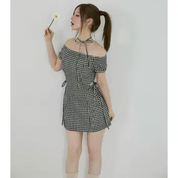 앤드메리 베키 체크 미니 드레스 블랙
