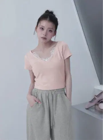 darich 레이스 V 넥 크롭 티셔츠