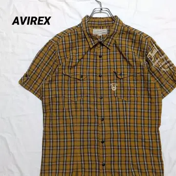 AVIREX 자수 워크 셔츠 아비렉스 체크 반팔 셔츠 브라운