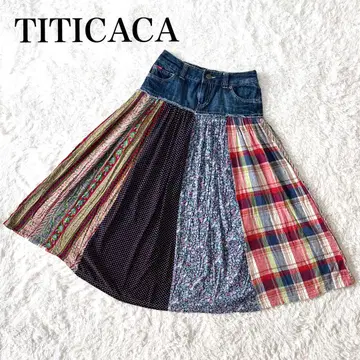 티티카카 데님 롱 플레어 스커트 패치워크 이소재 도킹 F