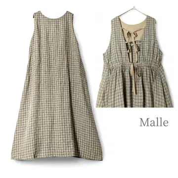 Malle/린넨 100% 백 리본 롱 원피스 체크 무늬 슬리브리스