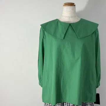 그린 면 블라우스 큰 옷깃 7부 소매 셔츠