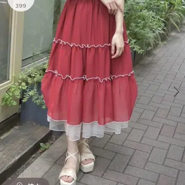프릴 멜로 양류 쉬폰 스커트 (빨간색)