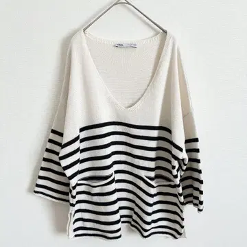 자라 ZARA 오분 소매 니트 보더 V넥 슬릿 빅