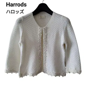 해롯츠 Harrods 가디건 화이트 M L 7부 소매 엘레강트 비즈 장식