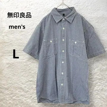 MUJI 무인양품 깅엄 체크 반팔 코튼 셔츠 남성용 L 블루