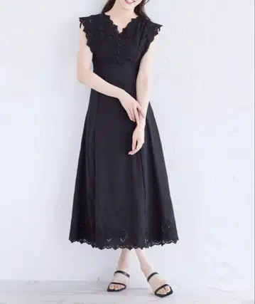 toccocloset 허리 리본 코튼 컷워크 레이스 자수 원피스