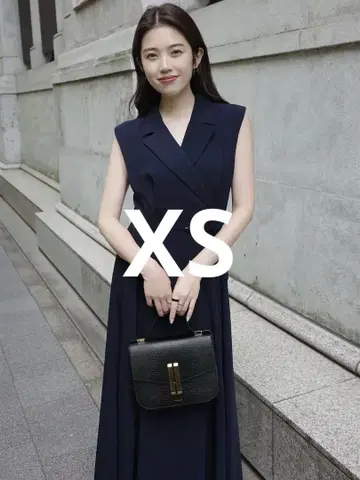 XS 네이비 더블 새틴 테일러드 플레어 원피스
