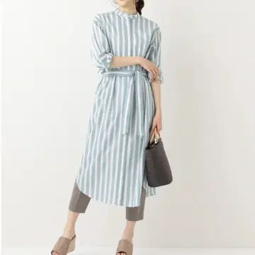 빅 사이즈 쿠미쿄쿠 현행 컬러 스트라이프 셔츠 원피스 3XL 블루