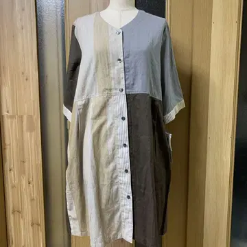 5부 소매 마 혼방 패치워크 튜닉