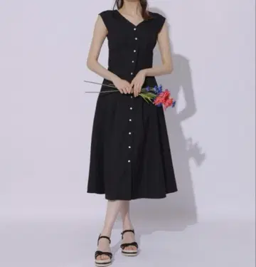 swingle 프렌치 슬리브 롱 원피스 리본 플레어 블랙