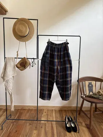 세탁한 마드라스 체크 리넨 릴랙스 몸빼