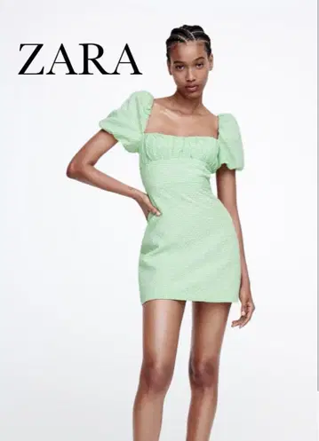 ZARA 깅엄 체크 오픈 백 퍼프 슬리브 미니 원피스