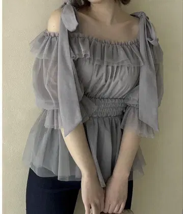새상품급 dazzlin 튤 리본 탑 상의 다즐린 블루 익명 배송