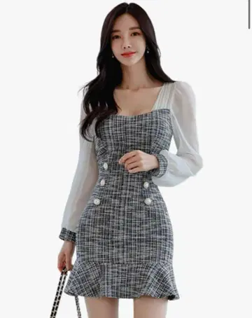 체크 무늬 시스루 드레스 블랙/화이트