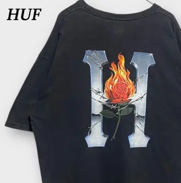 Huff 백 프린트 장미 프레임 불꽃 반팔 티셔츠 스트릿 블랙