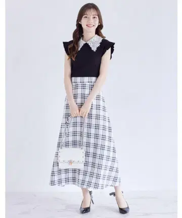2WAY 레이스 카라 부착 허리 리본 체크 도킹 원피스